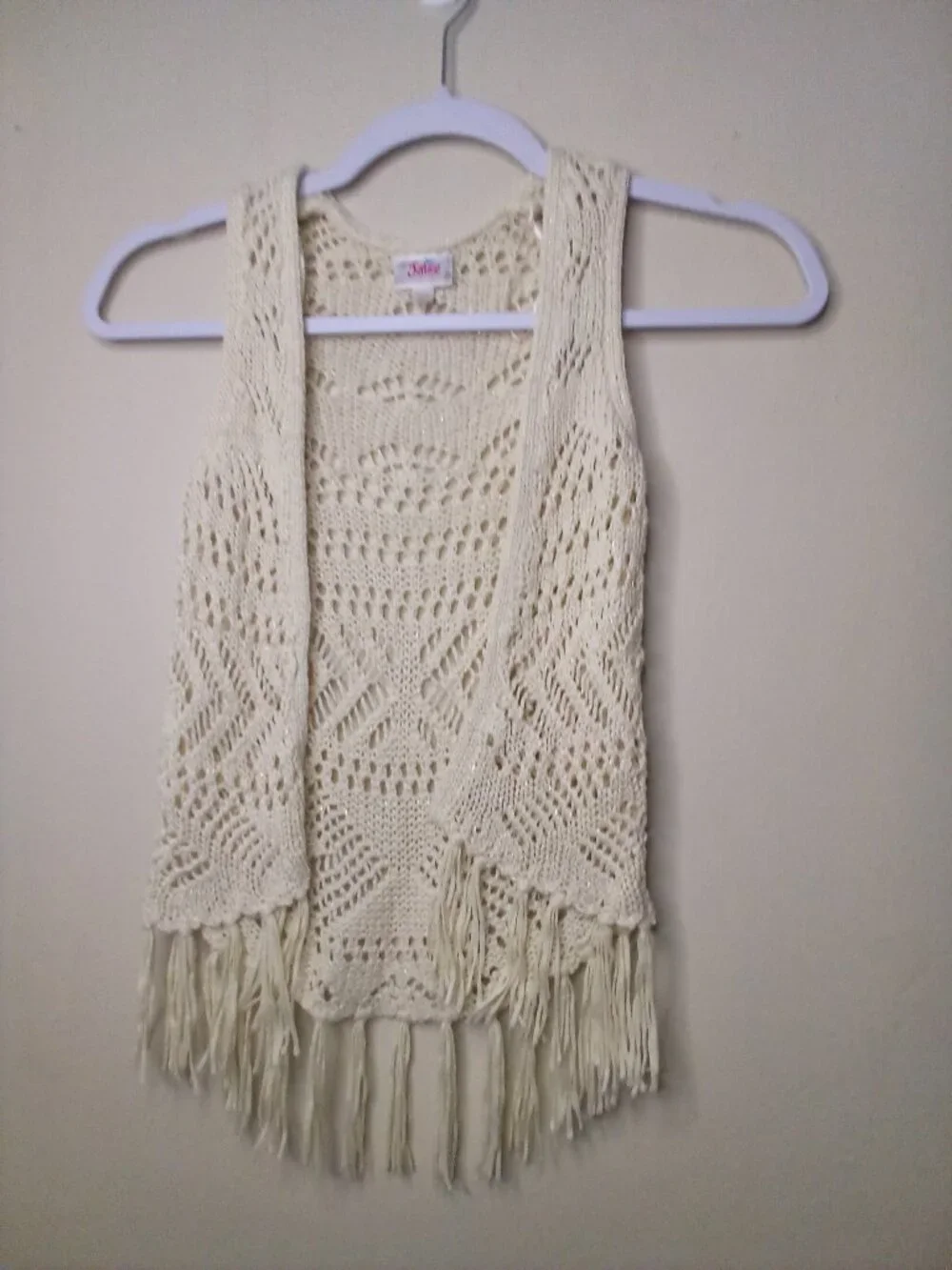 Justice Vest Cardigan Girls 5 Open Front Loose Knit Boho Fringe Cream